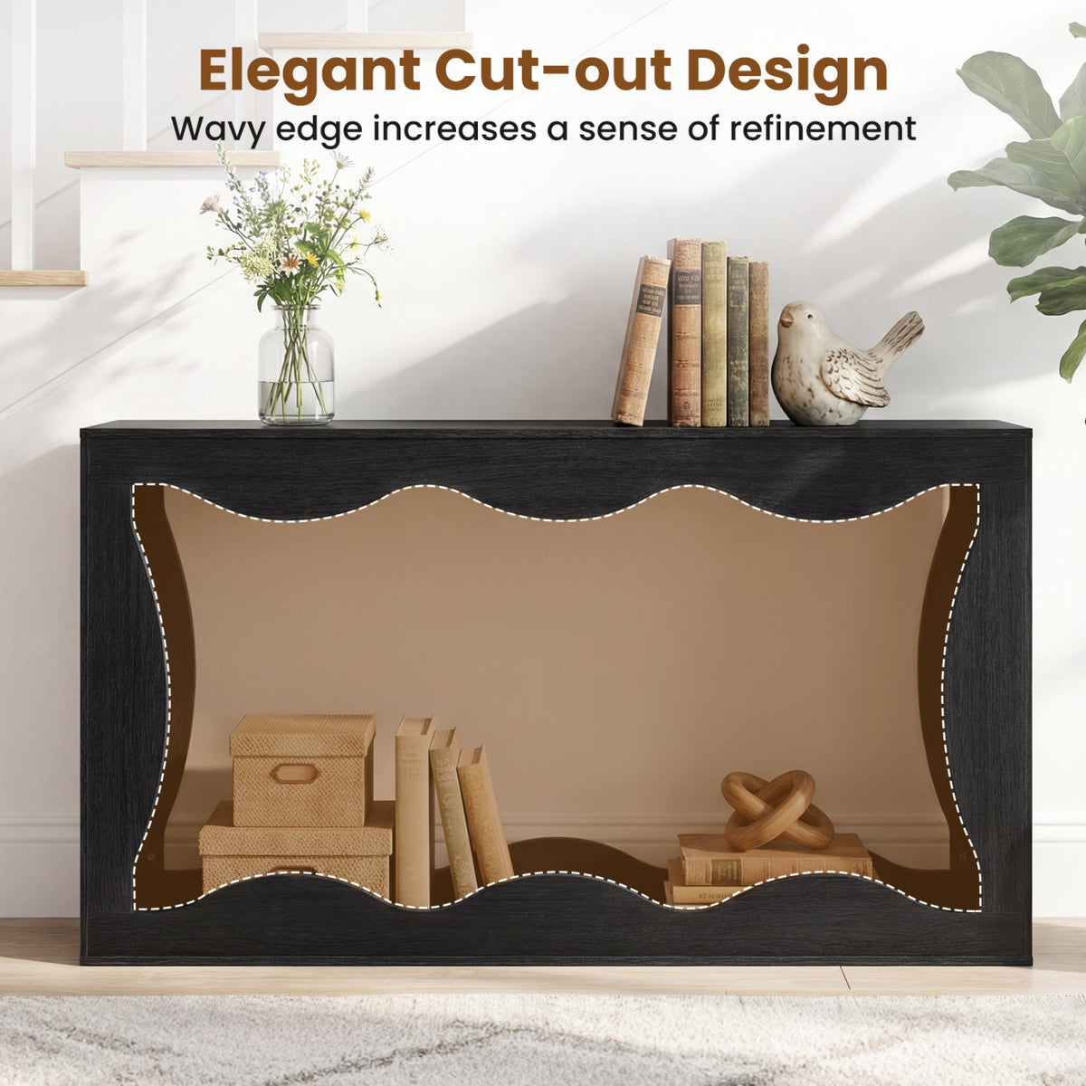 63 Inch Console Table 2-Tier Narrow Entryway Table with Wavy Edge Storage Shelf