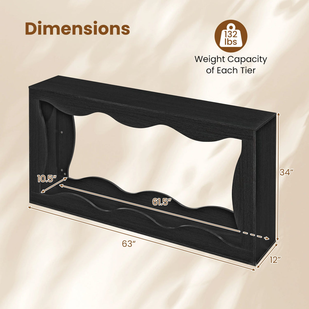 63 Inch Console Table 2-Tier Narrow Entryway Table with Wavy Edge Storage Shelf