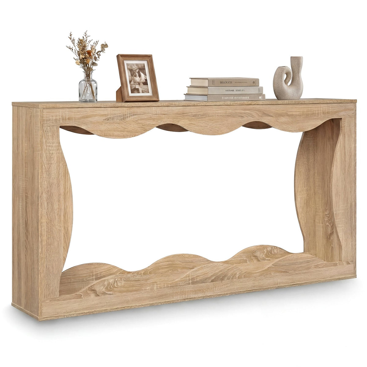 63 Inch Console Table 2-Tier Narrow Entryway Table with Wavy Edge Storage Shelf