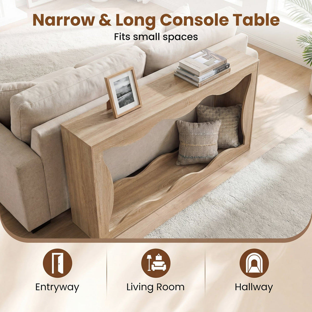 63 Inch Console Table 2-Tier Narrow Entryway Table with Wavy Edge Storage Shelf