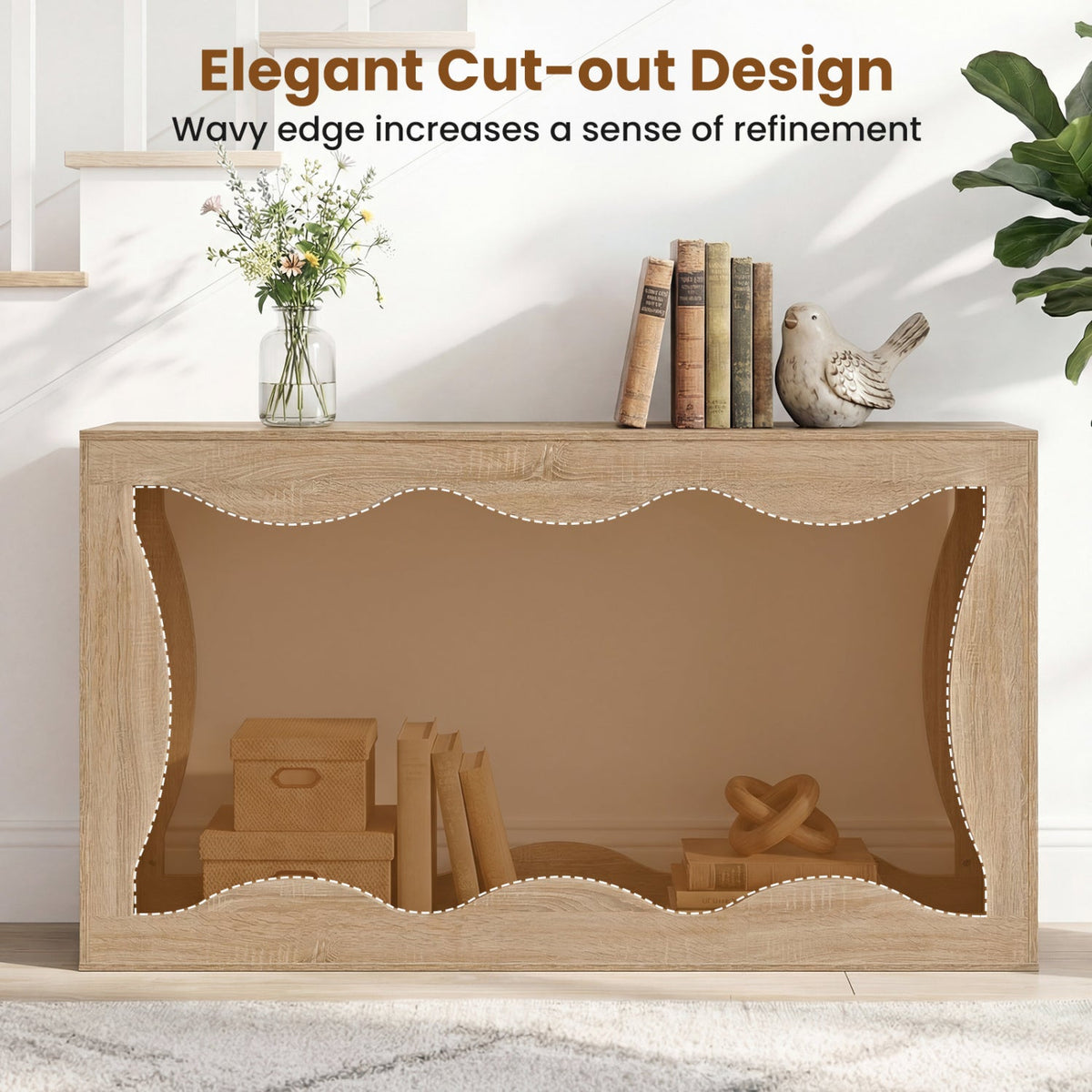 63 Inch Console Table 2-Tier Narrow Entryway Table with Wavy Edge Storage Shelf