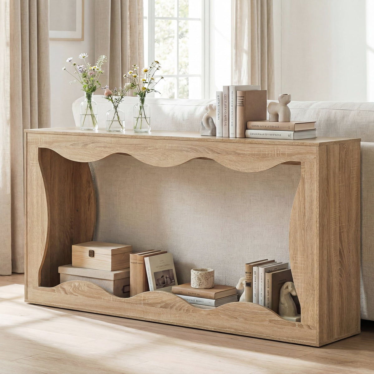 63 Inch Console Table 2-Tier Narrow Entryway Table with Wavy Edge Storage Shelf