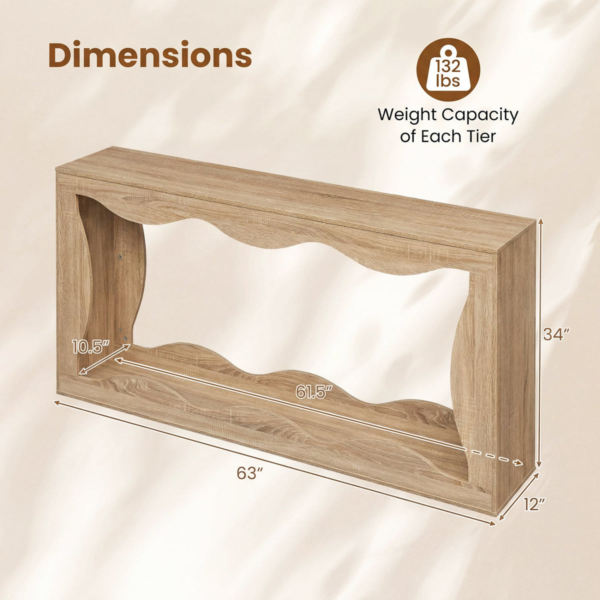 63 Inch Console Table 2-Tier Narrow Entryway Table with Wavy Edge Storage Shelf