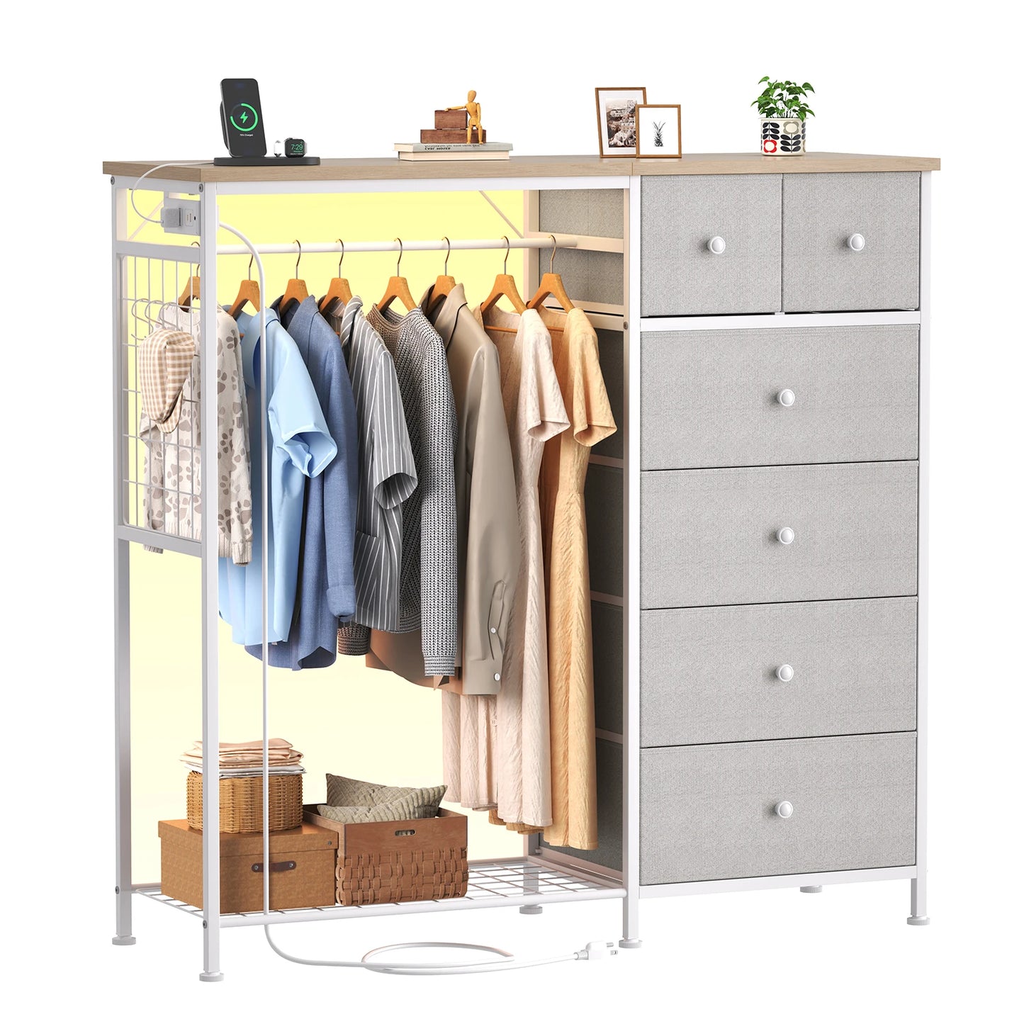6 Drawer Fabric Dresser with Hanging Rack