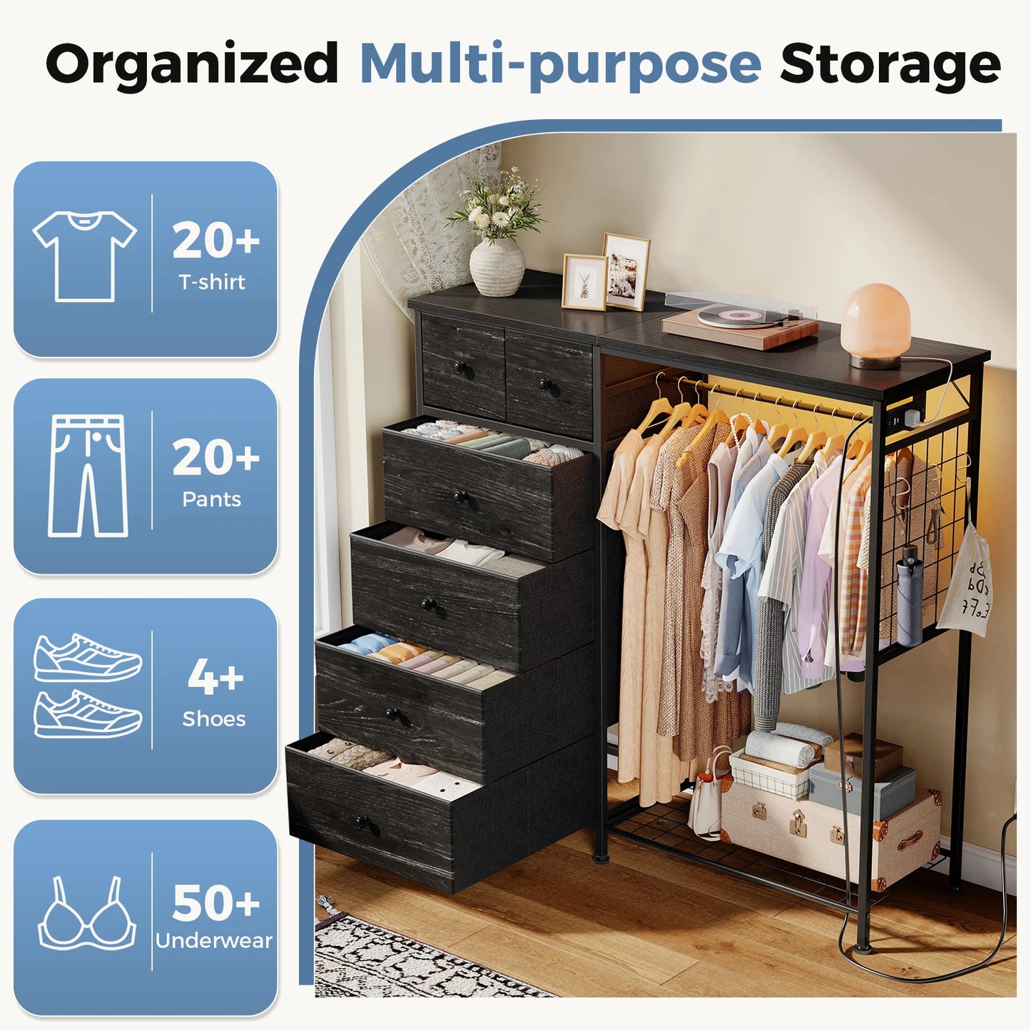 6 Drawer Fabric Dresser with Hanging Rack
