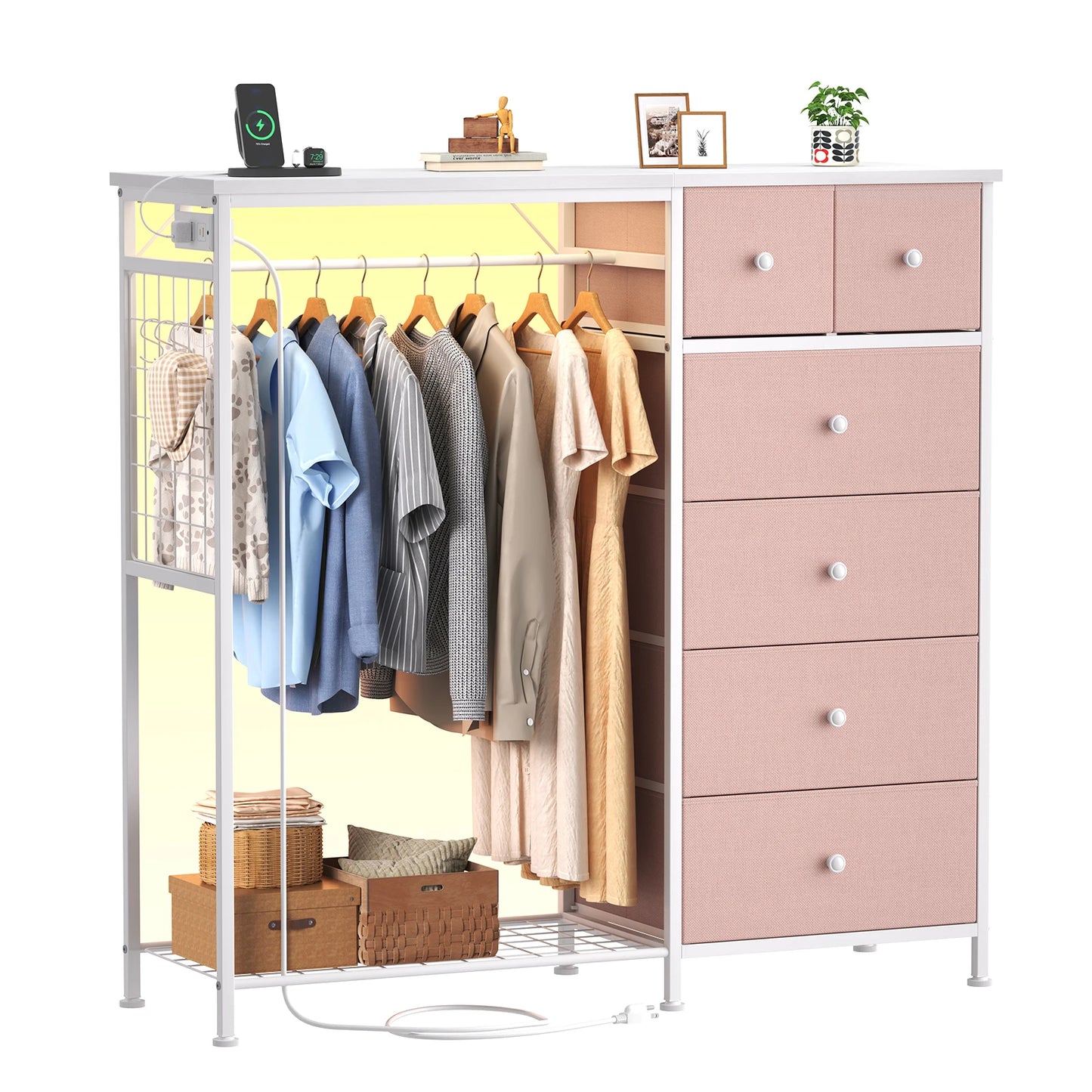 6 Drawer Fabric Dresser with Hanging Rack