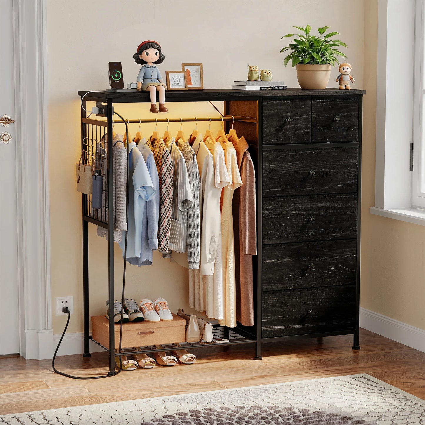 6 Drawer Fabric Dresser with Hanging Rack