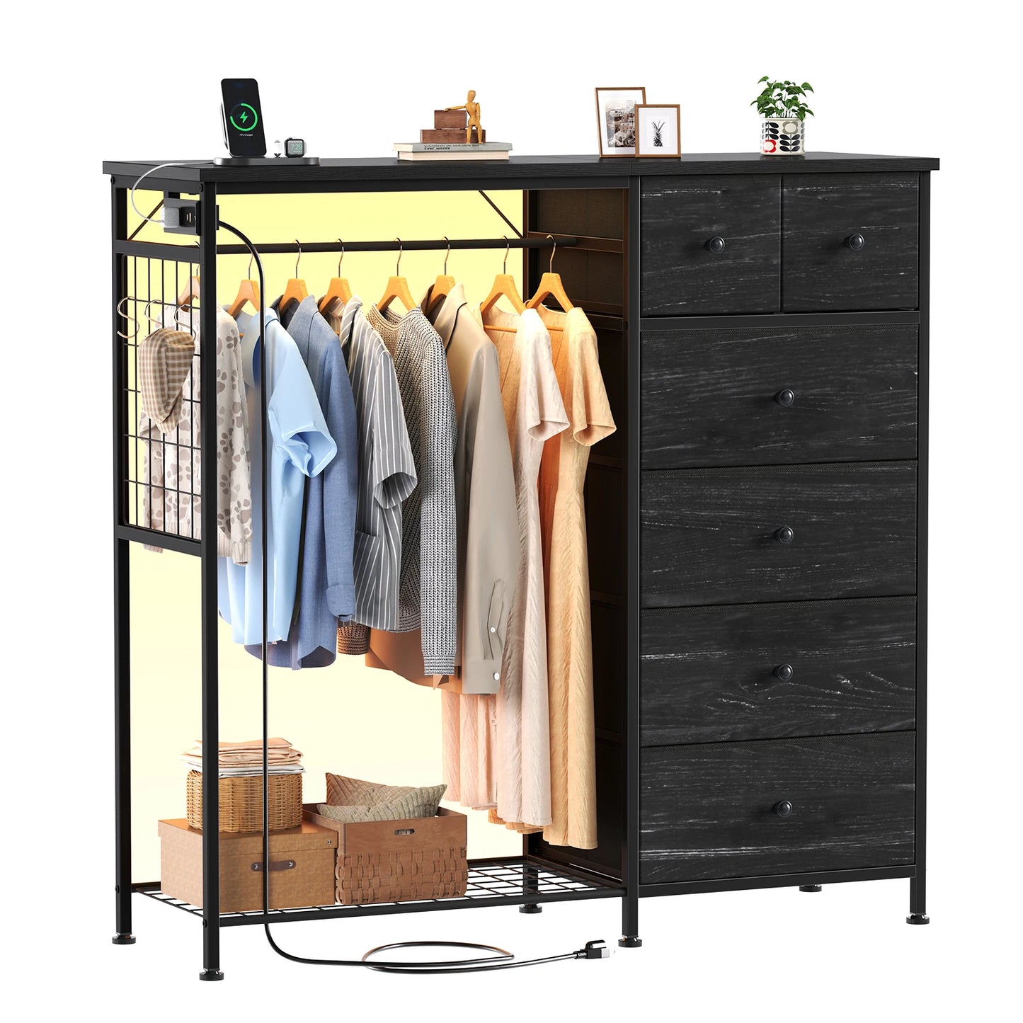 6 Drawer Fabric Dresser with Hanging Rack
