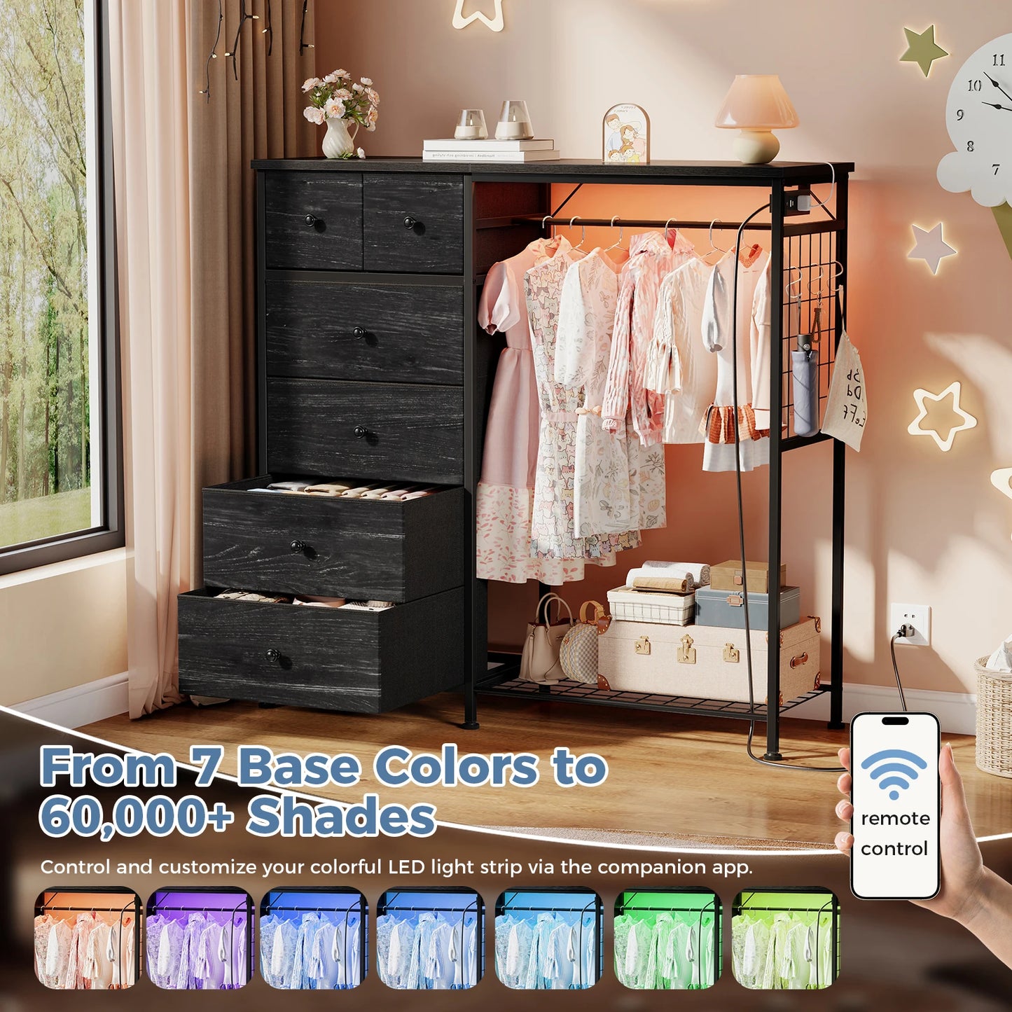 6 Drawer Fabric Dresser with Hanging Rack