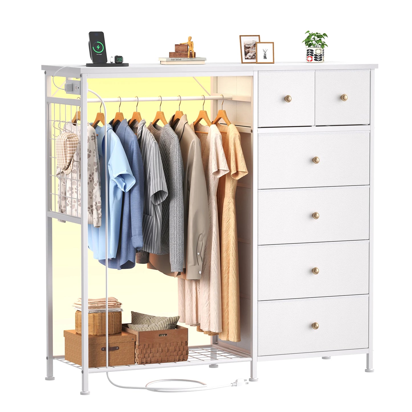 6 Drawer Fabric Dresser with Hanging Rack