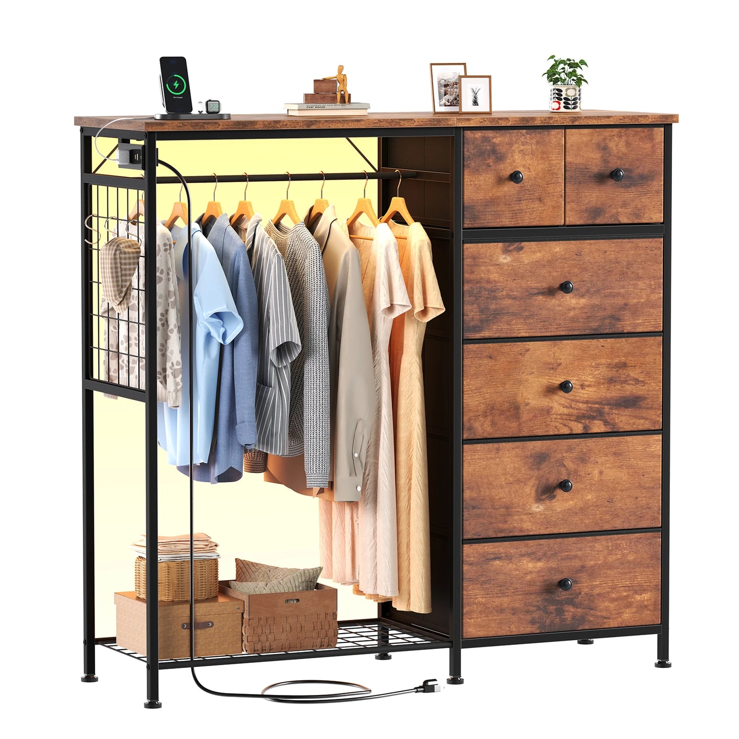 6 Drawer Fabric Dresser with Hanging Rack