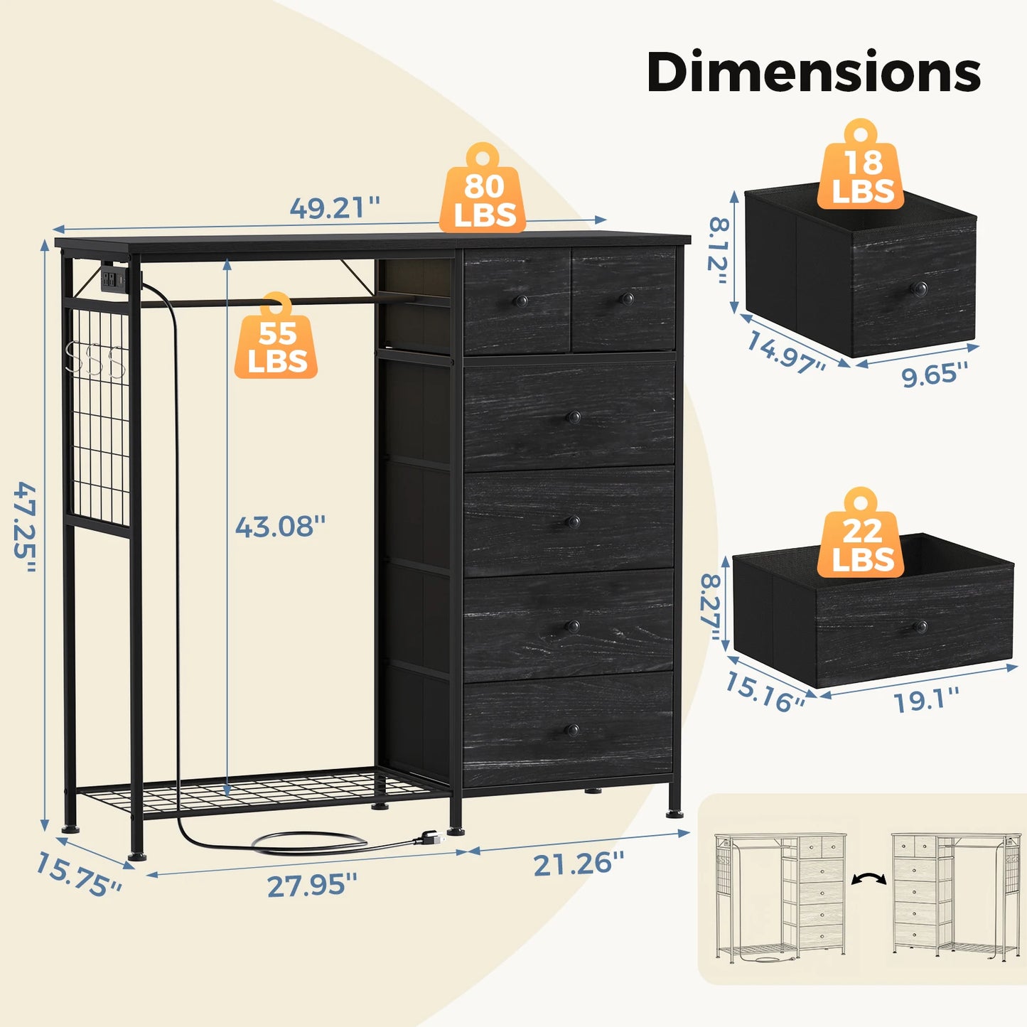 6 Drawer Fabric Dresser with Hanging Rack