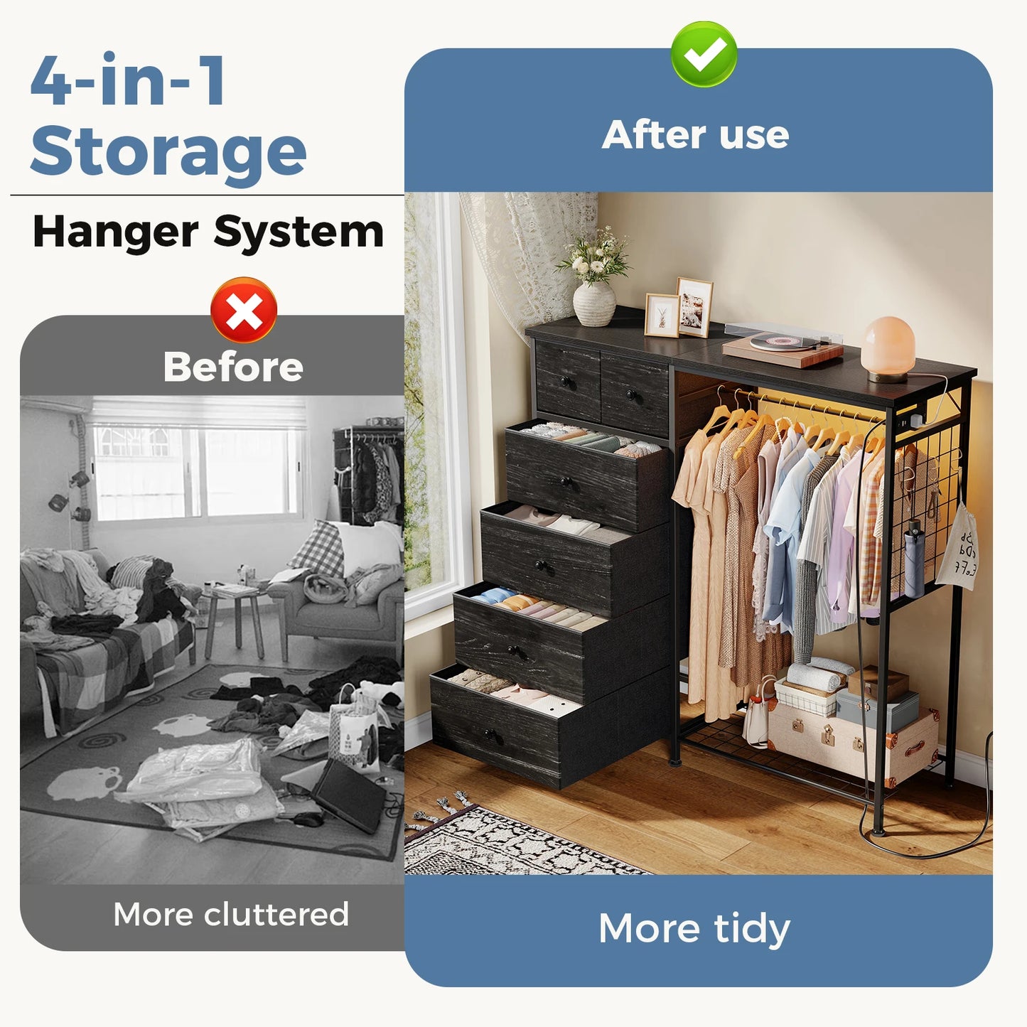 6 Drawer Fabric Dresser with Hanging Rack